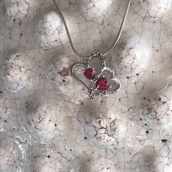 Ruby & Diamond Double-Hearts Necklace, Sterling Silver w/ 24-inch Sterling Chain - Picture 8 of 12